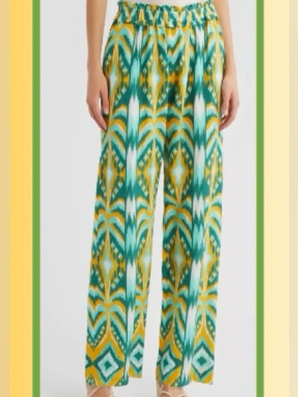 Farm Rio Tropical Tapestry Wide-Leg Printed Pants in Teal & Yellow: Size M
